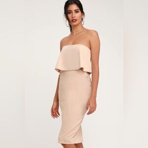 🆕(NWT) LULUs Lots of Love Beige Strapless Midi Dress. MEDIUM
